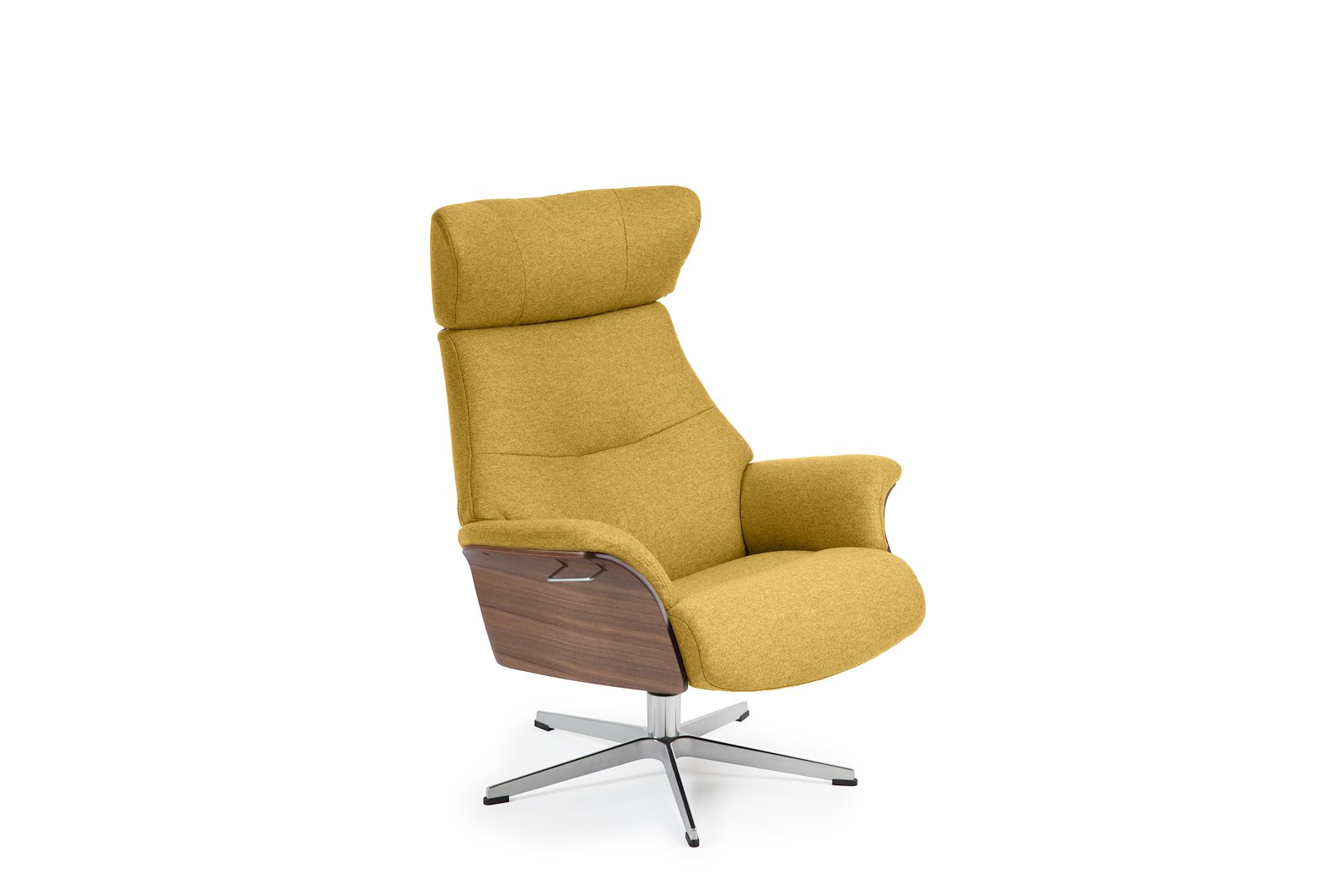 Air lenestol I tekstil Sheford 1383-17 Mustard, høy standard svingfot alu. Skrog i valnøtt