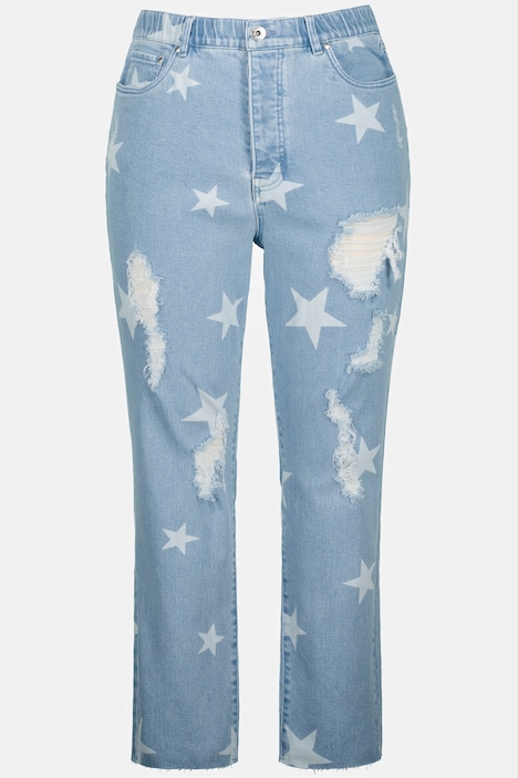 Mom Jeans, 5-Pocket, geschnittener Saum, destroyed, Sterne