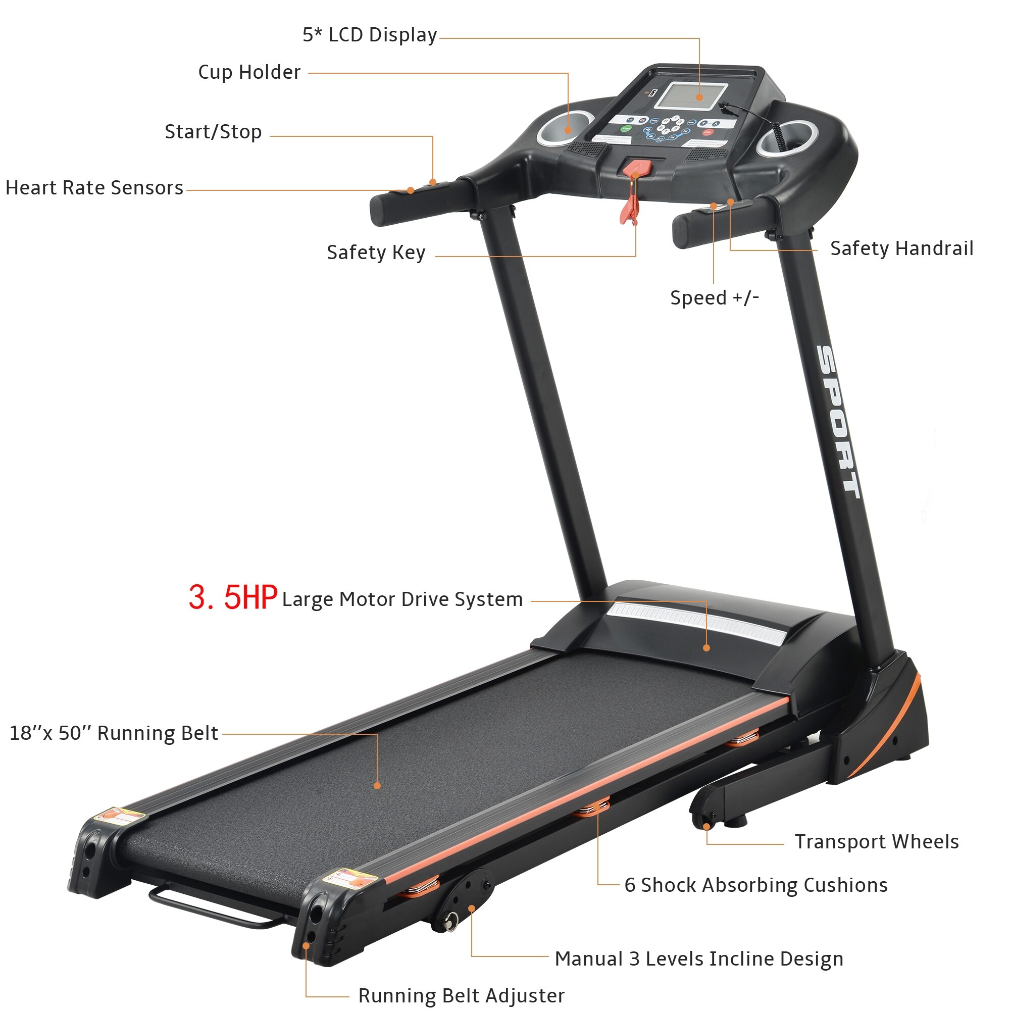 Esteira elétrica dobrável de 3,5 HP com inclinação média, motorizada, com tela LCD, para academia, suporta até 150 kg (330 lbs).