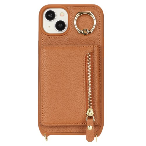 iPhone 14 / iPhone 13 Necklace Leder Hülle mit Münzfach und Kartenfächer   Finger Griff Halterung   Handykette - Braun