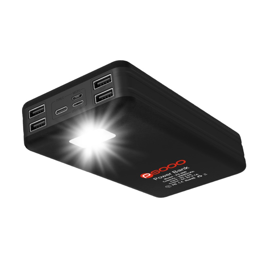 10000mAh Solar Powerbank mit 4x USB A Anschluss   LED Taschenlampe - Schwarz