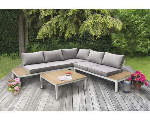 5-zits loungeset bestaande uit: 1 hoekmodule, 2 bankmodules, aluminium/kunststof, wit, inclusief kussens.