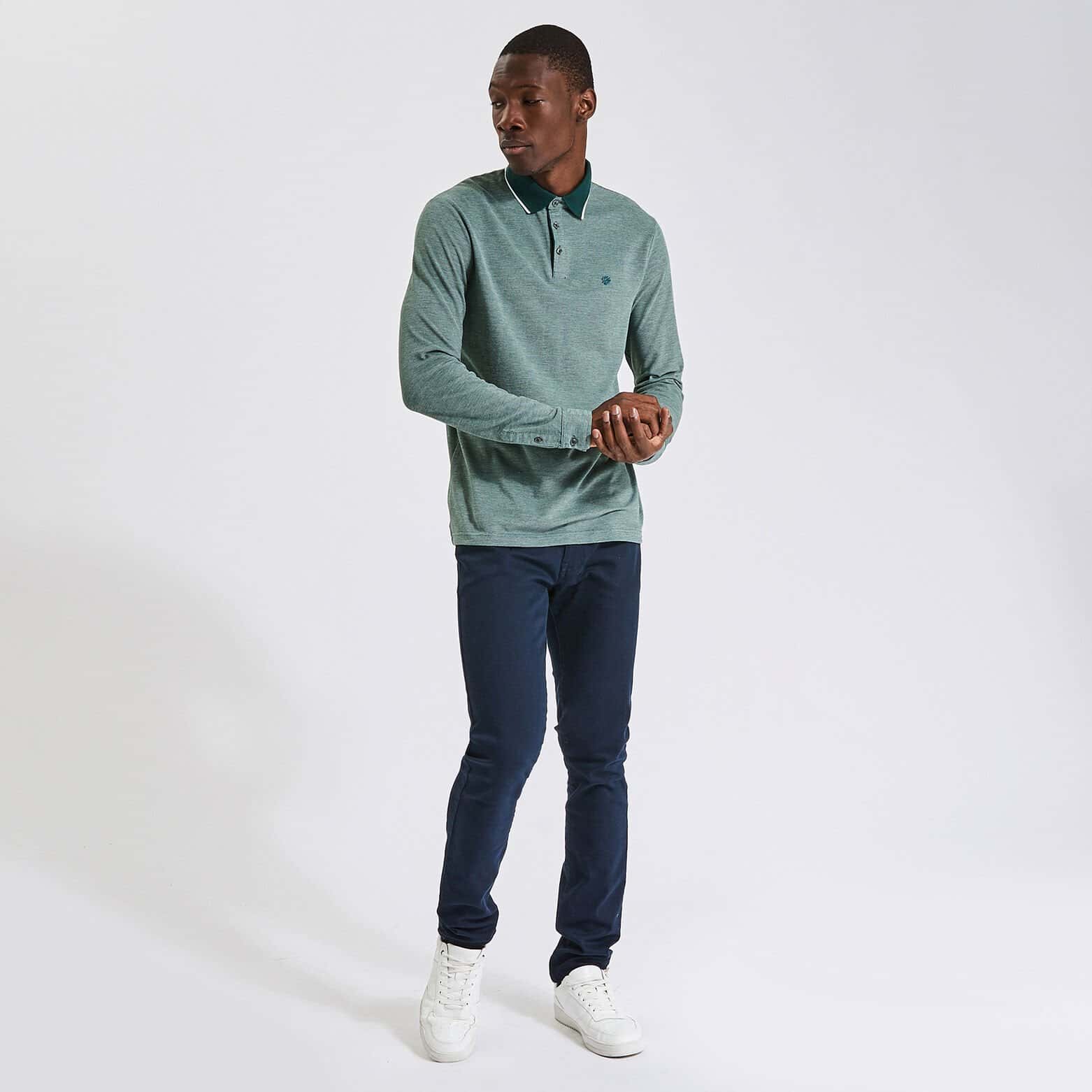 Polo manches longues piqué à col contrasté Vert