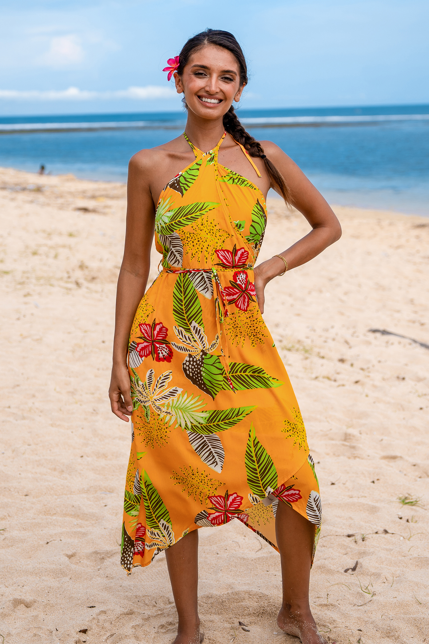 Robe midi asymétrique tropicale orange
