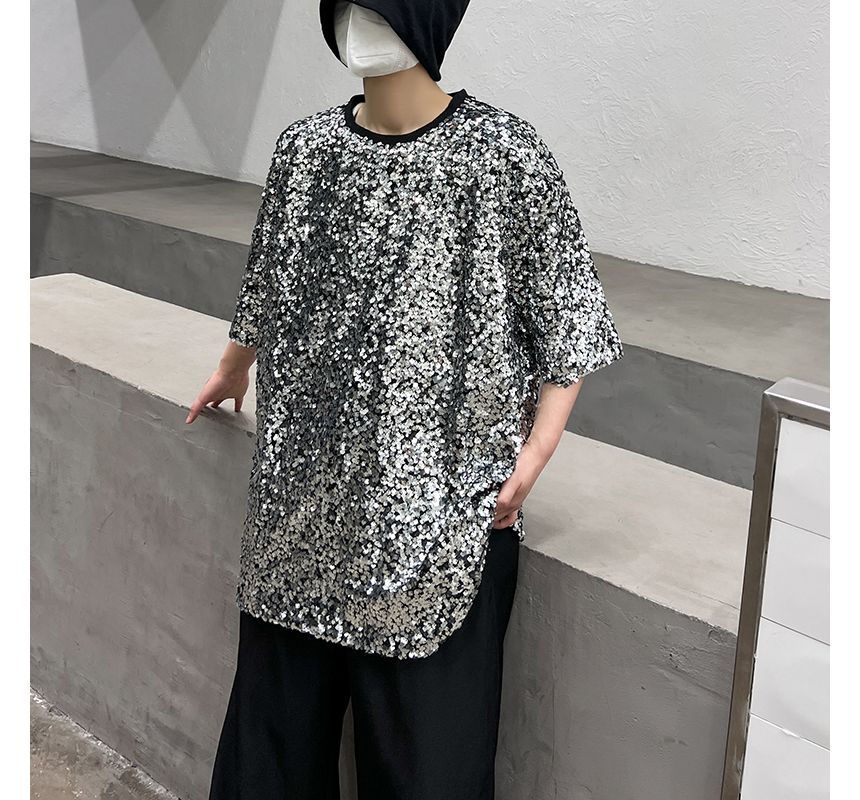 Adotuastic - T-shirt met ronde hals en pailletten, elleboogmouwen