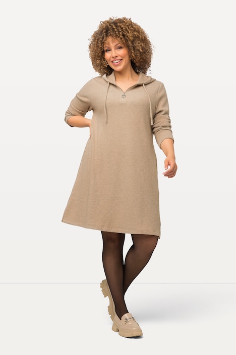 Sweat-Midikleid, Waffelstruktur, Glitter, Kapuze, Langarm