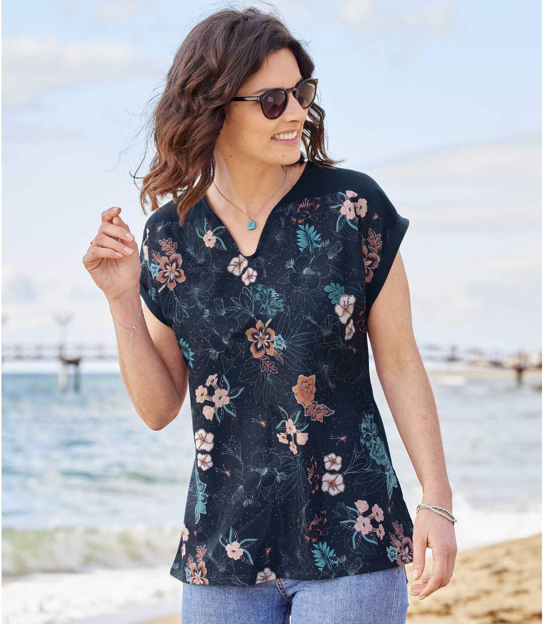 Tee-Shirt Bi-Matière Imprimé Fleurs