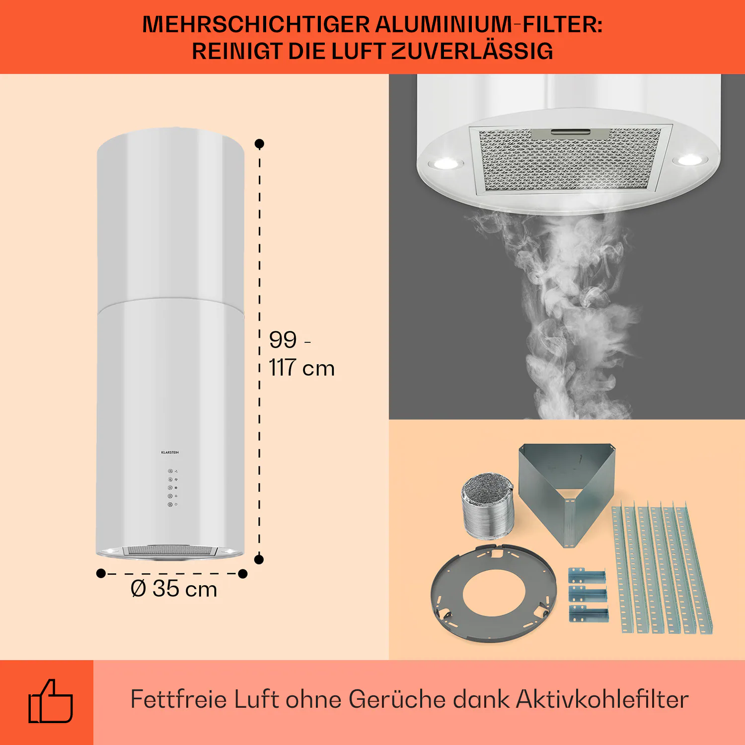Beretta Inselabzugshaube Ø35cm Ab-/Umluft 650m³/h LED Edelstahl Weiß