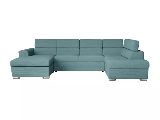 Canapé panoramique 6 places Paola convertible avec 2 coffres en velours côtelé - Bleu clair - L320,5 x P188 x H76cm - Loungitude
