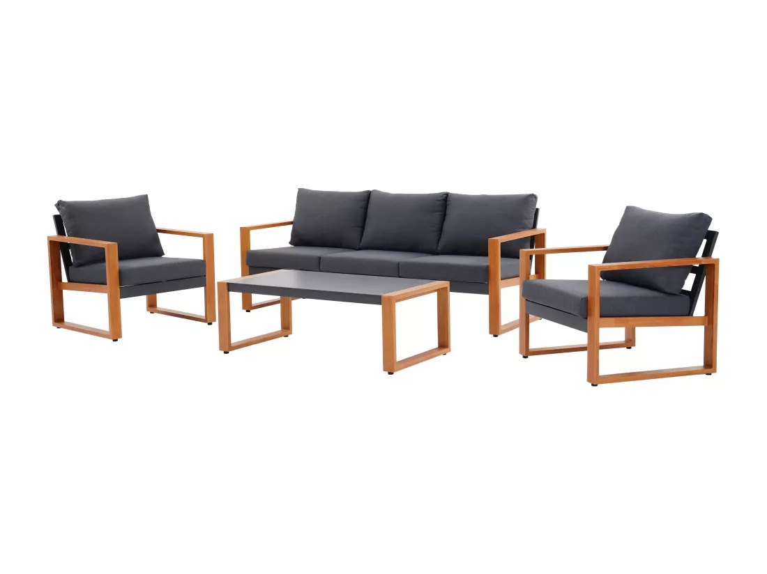 Salon de jardin en aluminium : un canapé 3 places, 2 fauteuils et une table basse - Naturel coussins noirs - JALLY de MYLIA