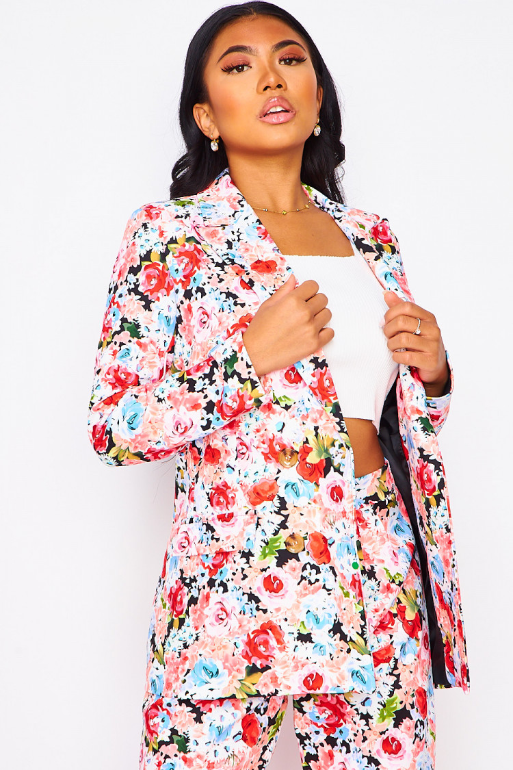 Veste de blazer rose imprimé fleuri