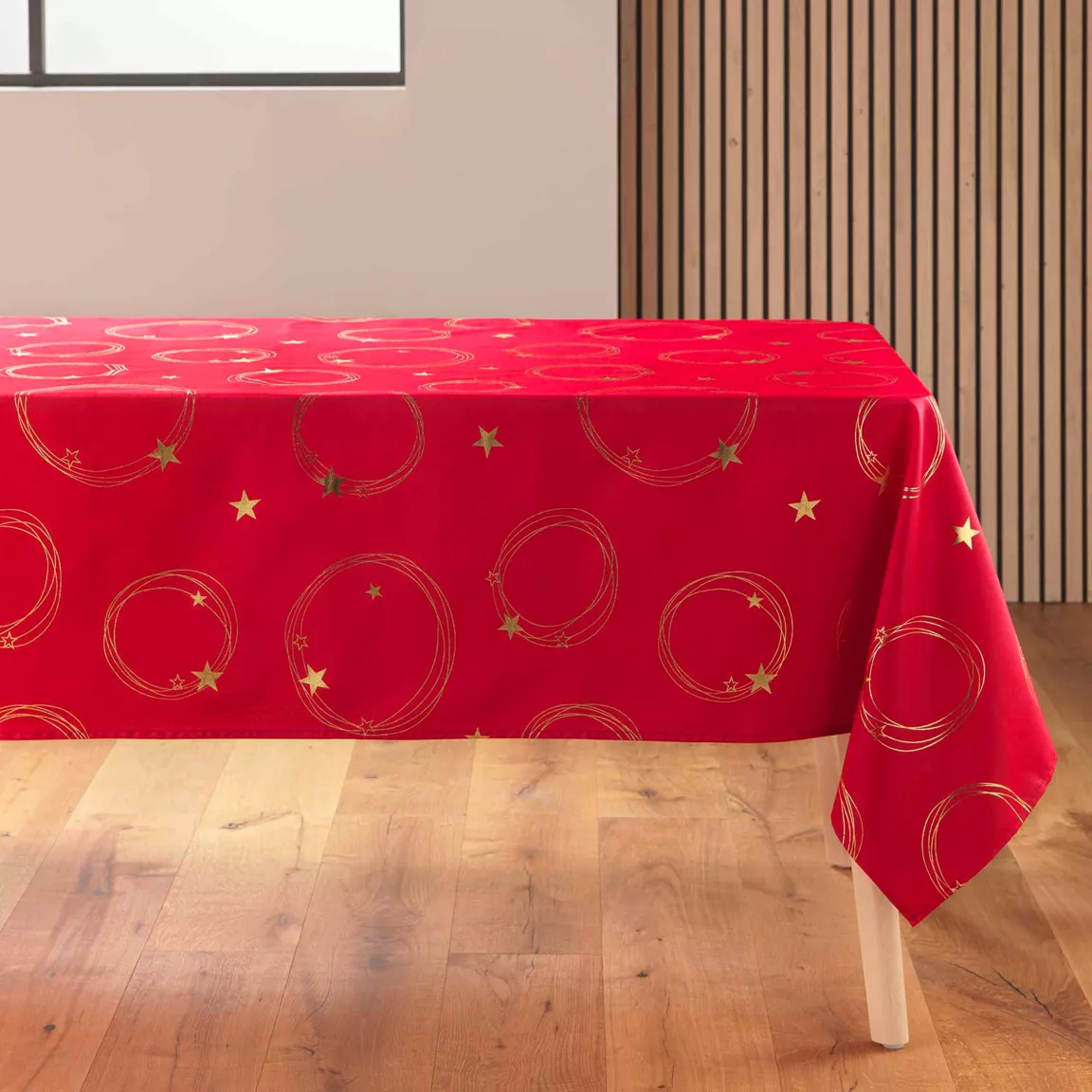 Nappe de Noël rectangulaire anti tache (150 x 240 cm) Star Rouge et doré