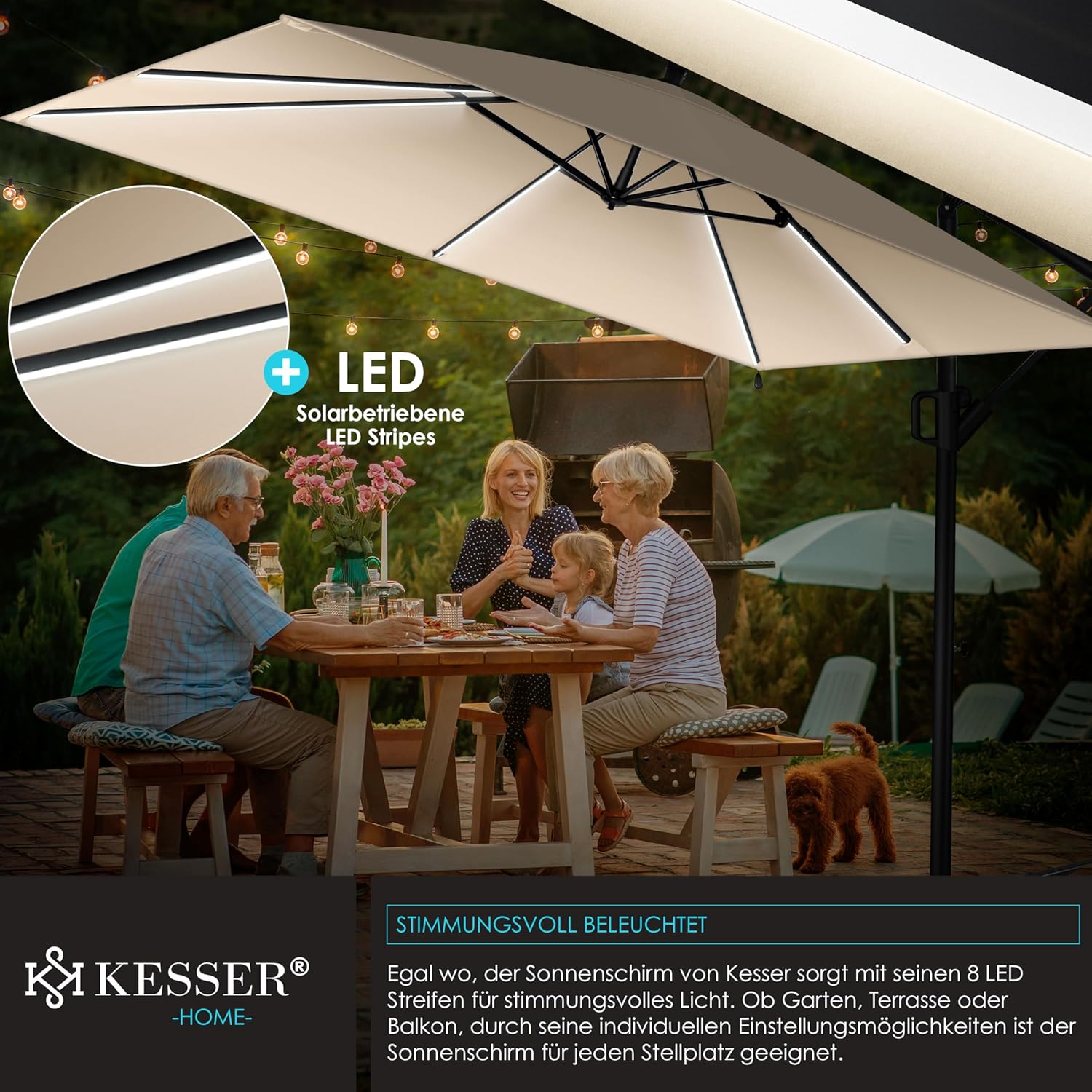 KESSER® Ampelschirm Holly Sonnenschirm Rechteckig LED Solar inkl. Abdeckung | Kurbel-Schirm mit Ständer UV-Schutz Aluminium Wasserabweisend Ø350cm Gartenschirm Beige
