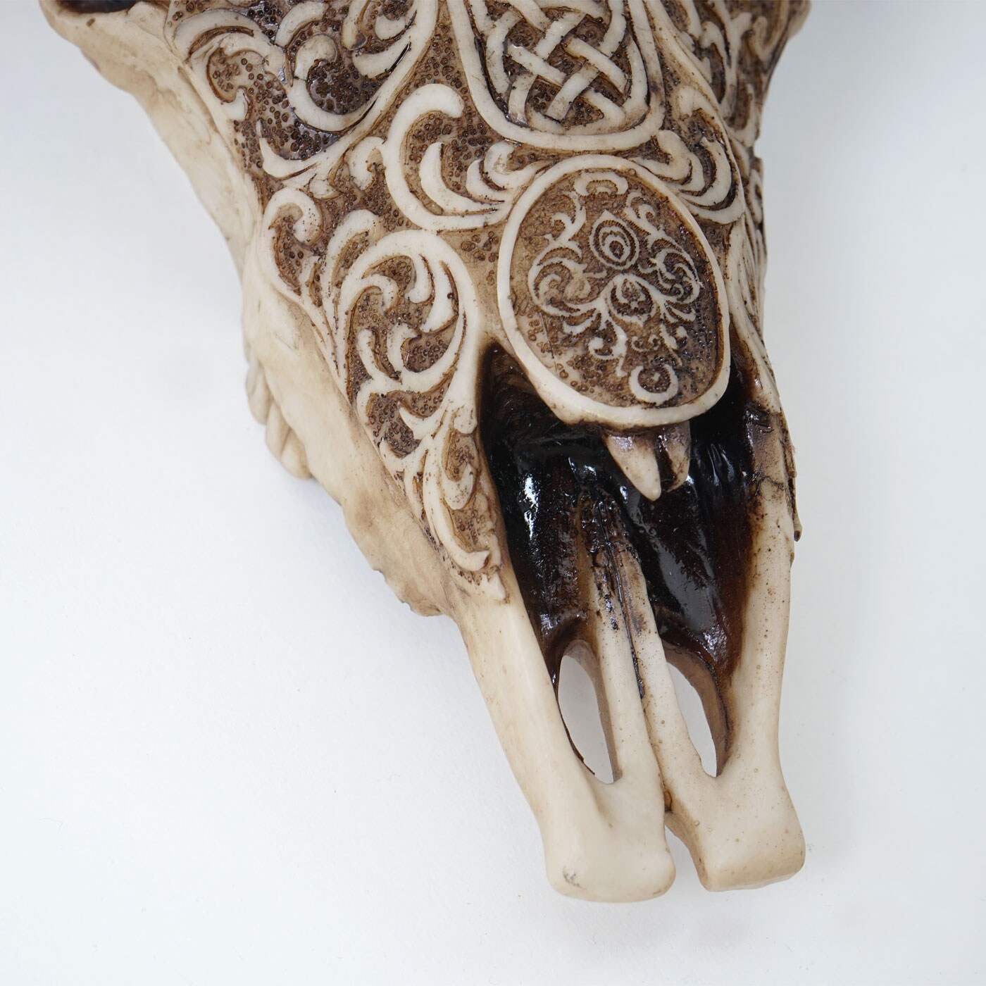 Deko Schädel 31cm MCW-C15, Polyresin Stier Bulle Longhorn Kopf Trophäe mit Tribal, In-/Outdoor