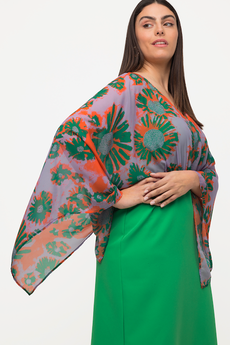 Midikleid, Chiffon-Büste, Blätter, V-Ausschnitt, Langarm