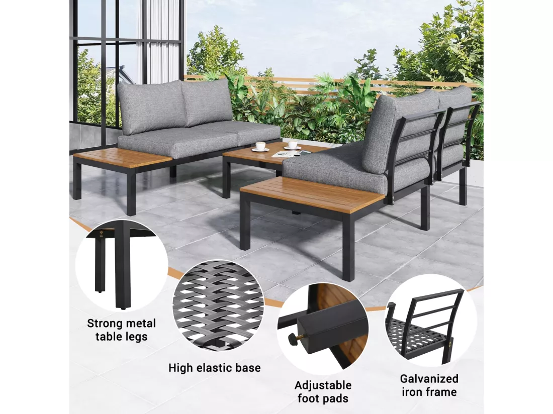 Salon de jardin en acier galvanisé, table basse et canapé modulable, pieds réglables, coussins gris