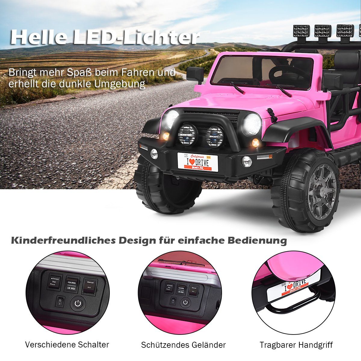 Jeep elétrico de 2 lugares com 3 velocidades, rosa