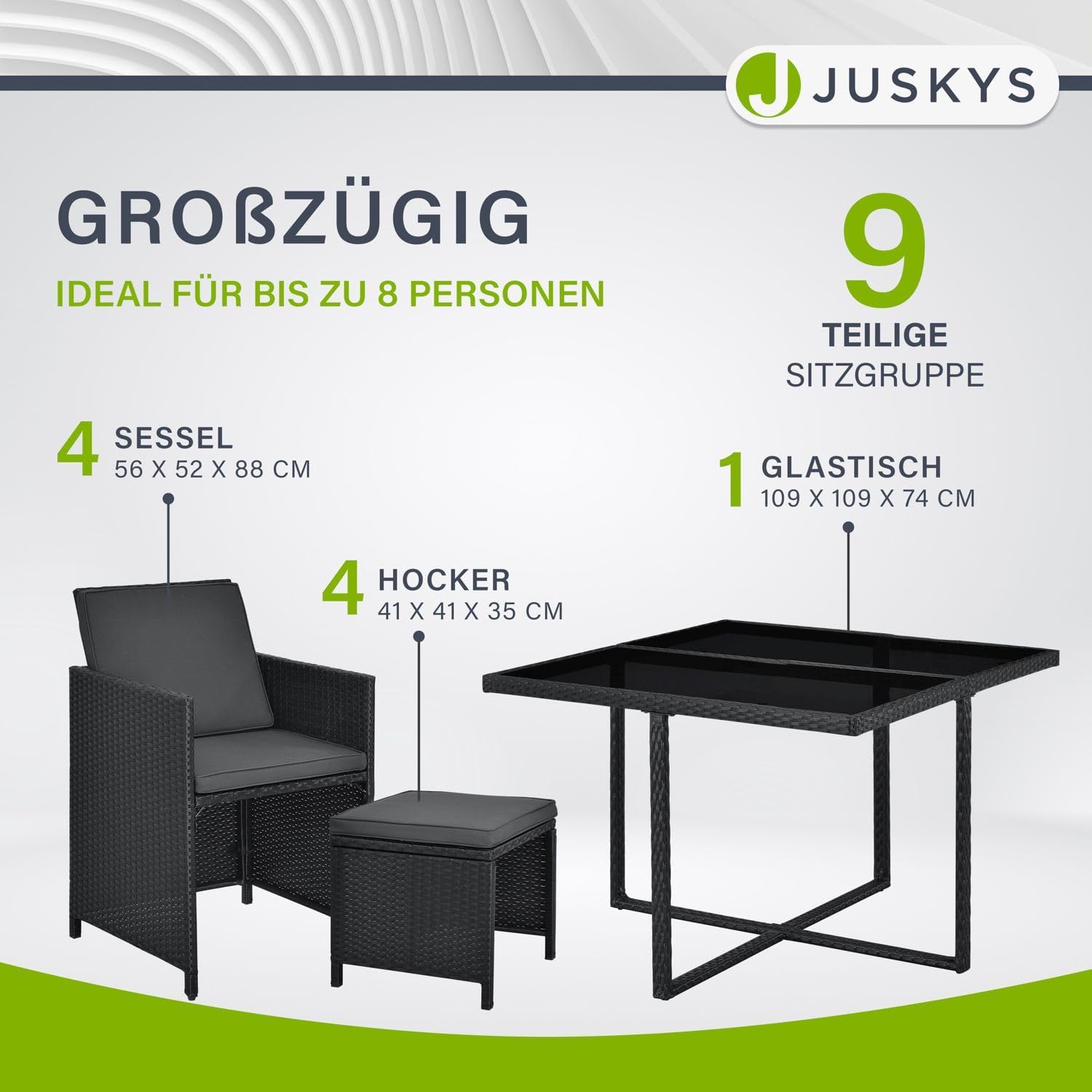 Juskys Polyrattan Sitzgruppe Baracoa L 9-teilig wetterfest, stapelbar - 4 Stühle, 4 Hocker, Tisch mit Glasplatte, Kissen - 8 Personen - Gartenmöbel Set für Garten, Terrasse
