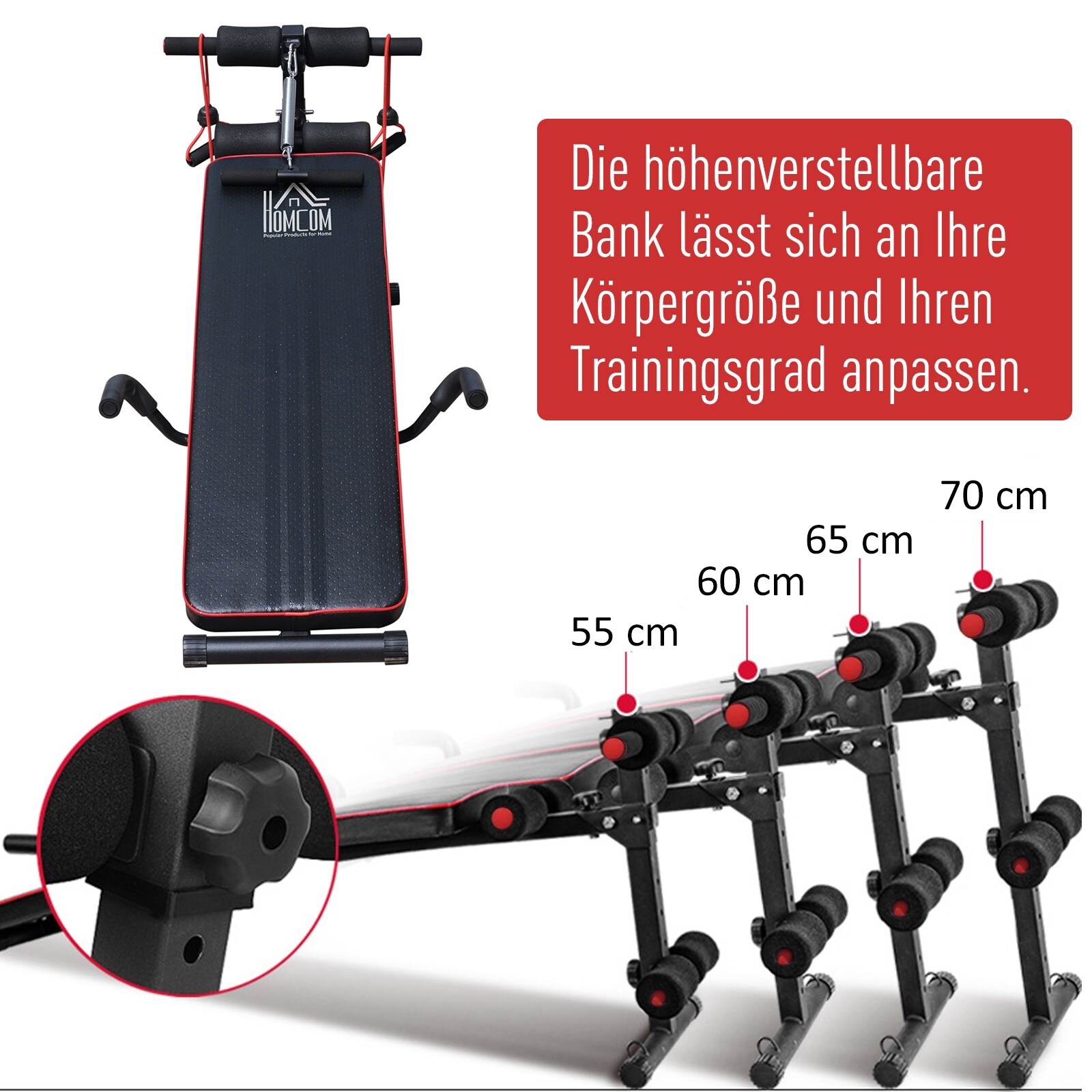 HOMCOM Sit-Up-Bank mit Widerstandsbänder schwarz, rot 137,5 x 55,5 x (50–68) cm (LxBxH)