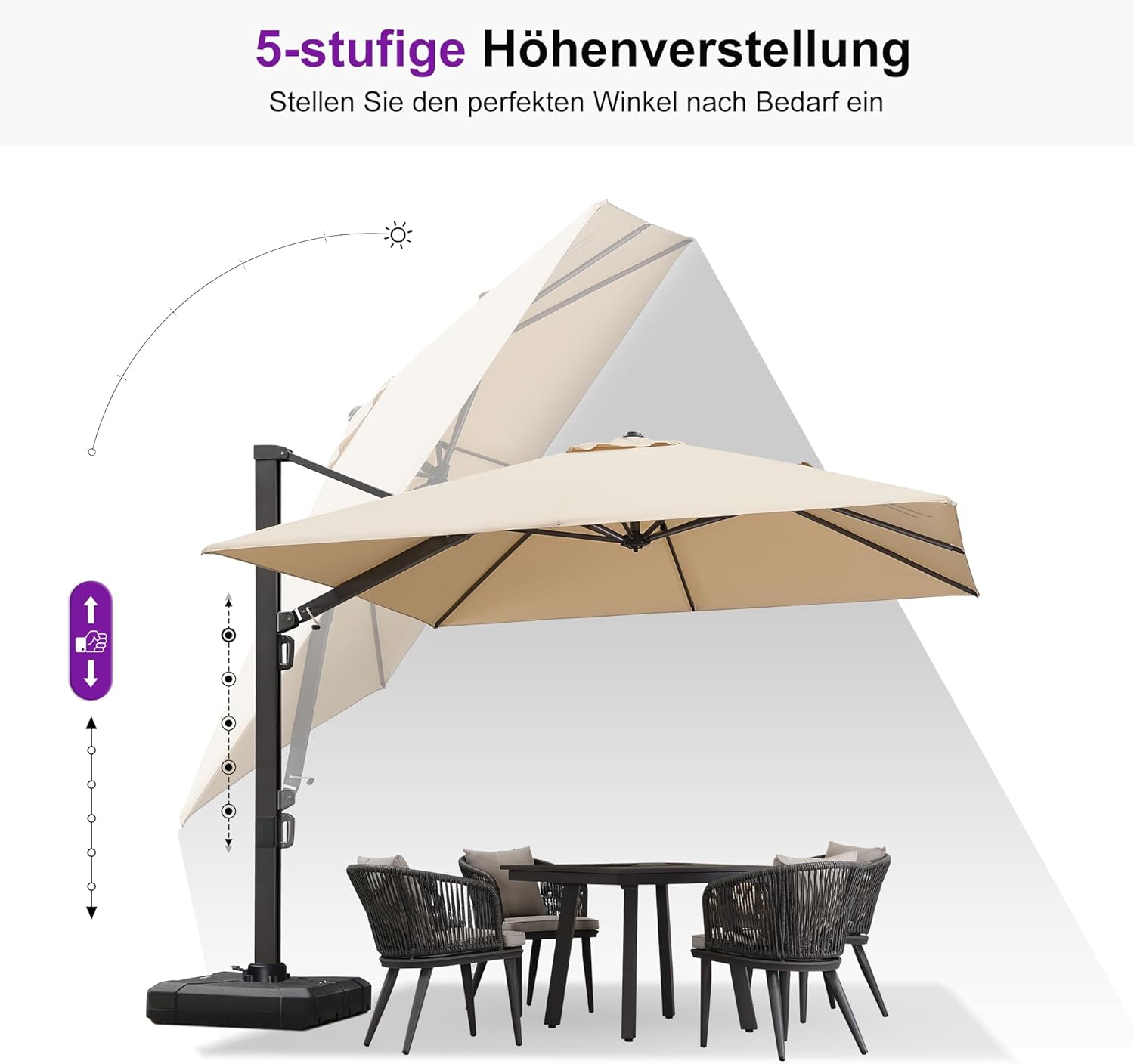 PURPLE LEAF Sonnenschirm Ampelschirm 300 x 300 cm Gartenschirm Drehbar mit Kurbel，Marktschirm Groß 360°Rotation, Balkonschirm Sonnenschutz UV50+, Beige