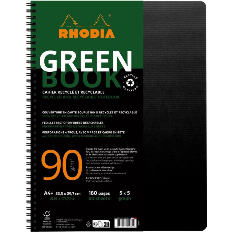 Greenbook cahier recyclé et recyclable en carte souple 350 g/m2 - A4+ 22,5x29,7 cm 160 pages 5/5 perforation 4 trous - Papier Clairefontaine recyclé 90 g/m2 - Noir - New - Noir
