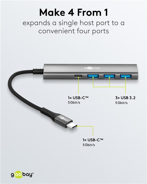 Slim 4-Port USB-C Multiport Adapter HUB mit 3x USB 3.2 / 1x USB-C 5 Gbit/s (76562) - Hellgrau