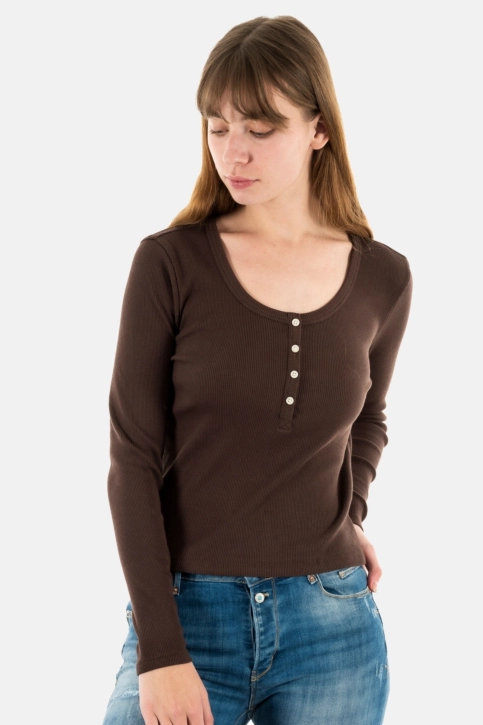 tee shirt manches longues superdry vintage button down 8ue dark chocolate brown
