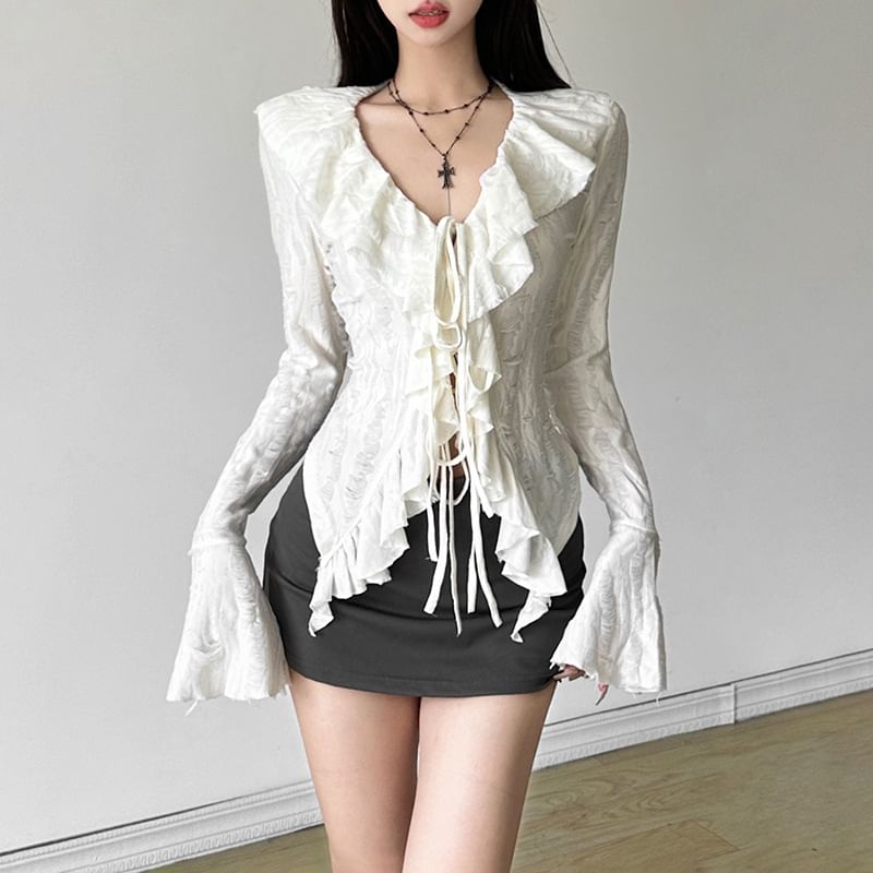 Sugarcoat - Blouse met lange mouwen, V-hals en ruches en kant