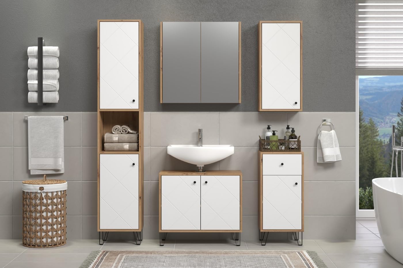 trendteam smart living - Touch - Hochschrank - Artisan Eiche/Weiß - 4 geschlossene und 1 offenes Fach - (BxHxT) 36 x 191 x 29 cm - 2 Einlegeböden - kratzfest