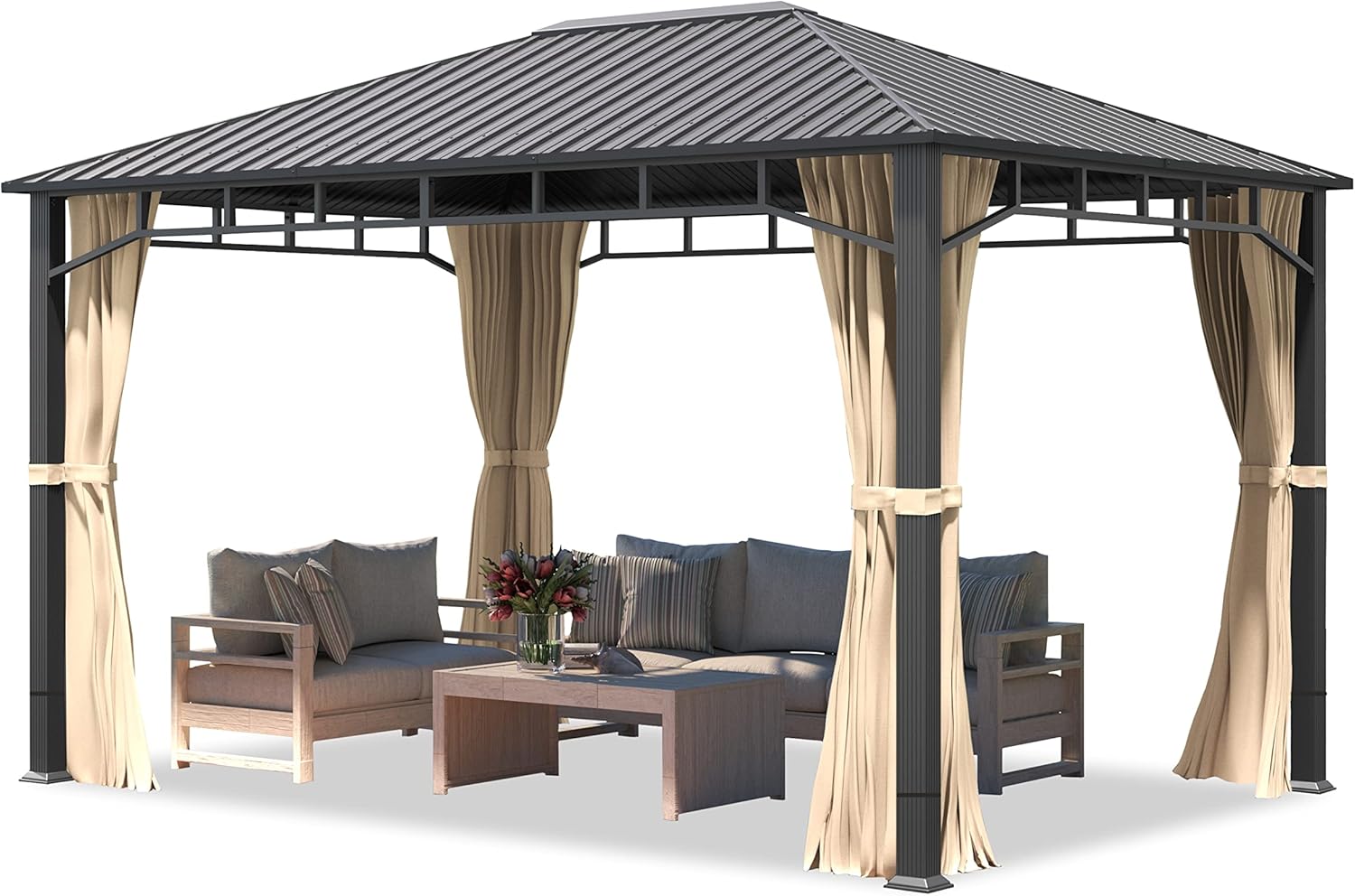 TOOLPORT Gartenpavillon 3x4 m Stahldach Hardtop 4 Seitenteile in Champagner, Pfosten 9x9 cm