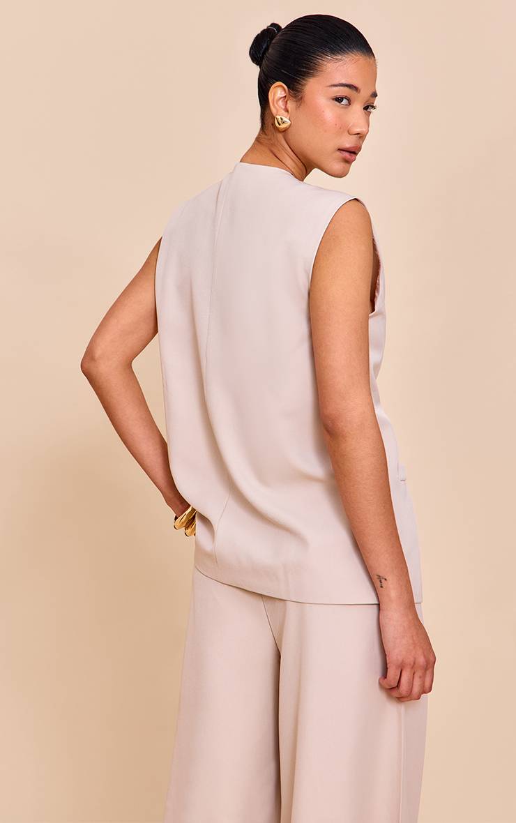 Gris Argile Ensemble Coordonné Gilet Sans Col Tissé À Épaulettes