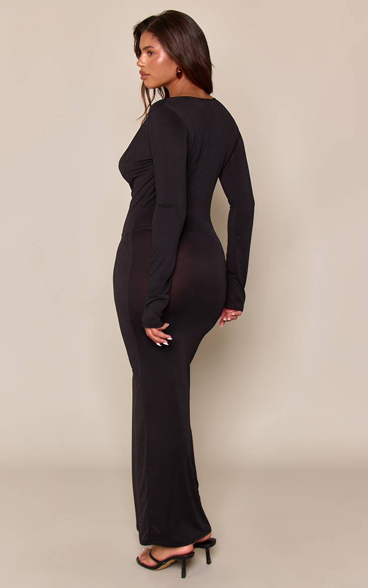 Noir Robe Mi-longue Ajustée À Manches Longues Avec Décolleté Plongeant Drapé En Mesh Sculptant