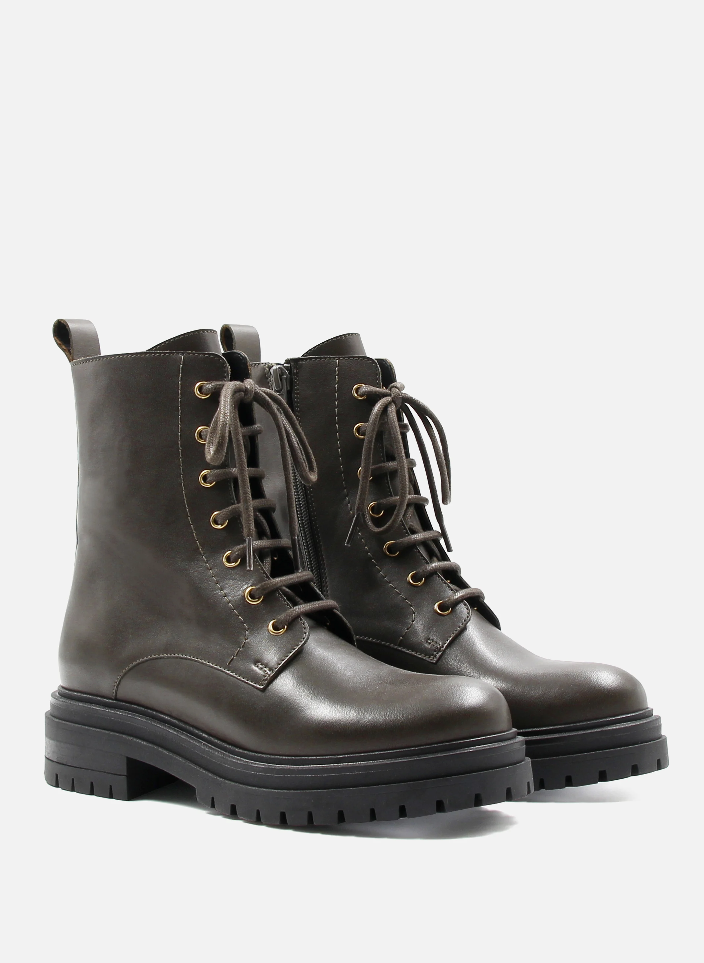Bottines ranger crantées cuir lisse | Vert