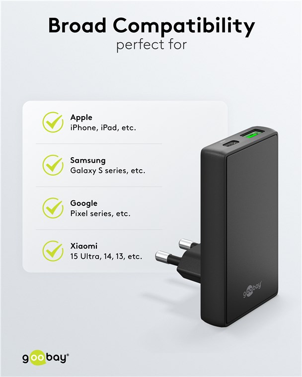 (65W) Dual 90° Flat USB C / USB A GaN Ladegerät Netzteil Power Delivery Quick Charge (75723) - Schwarz