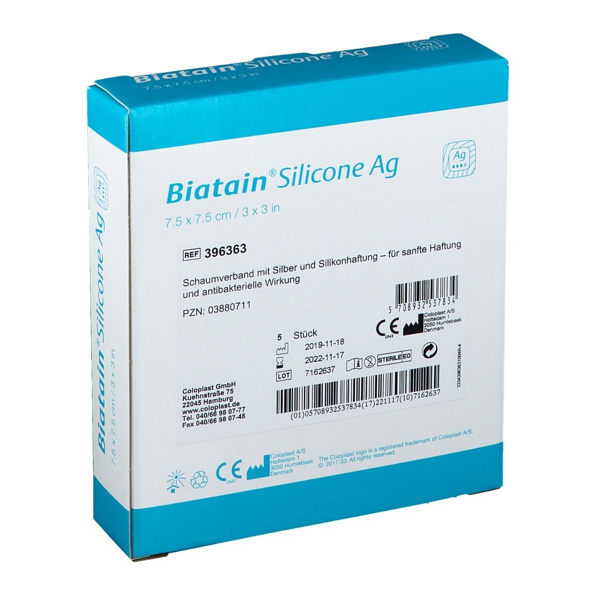 BIATAIN® Silicone Ag Schaumverband mit Silber 7,5 x 7,5 cm