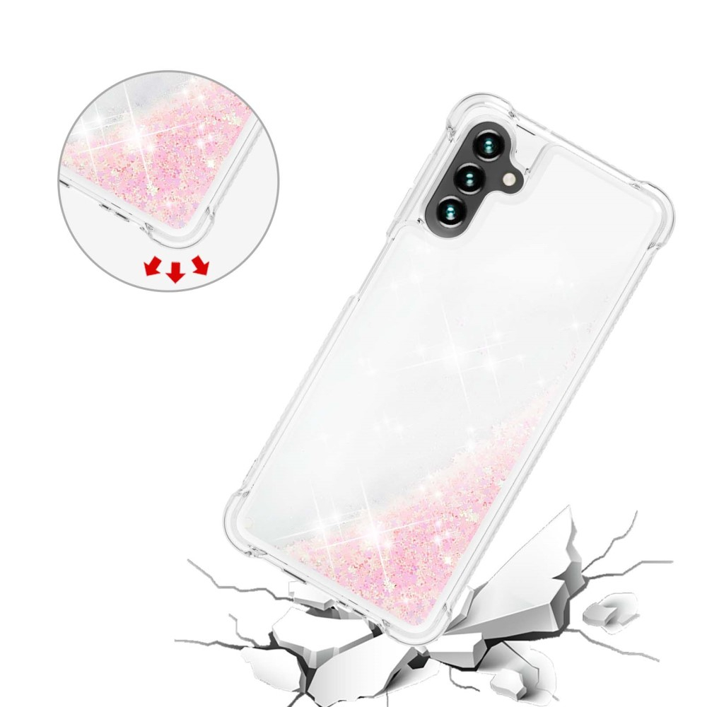 Samsung Galaxy A54 5G Hardcase Hülle mit Air Cushion Fallschutz Liquid Case Glitzer Herzen - Rosa / Transparent