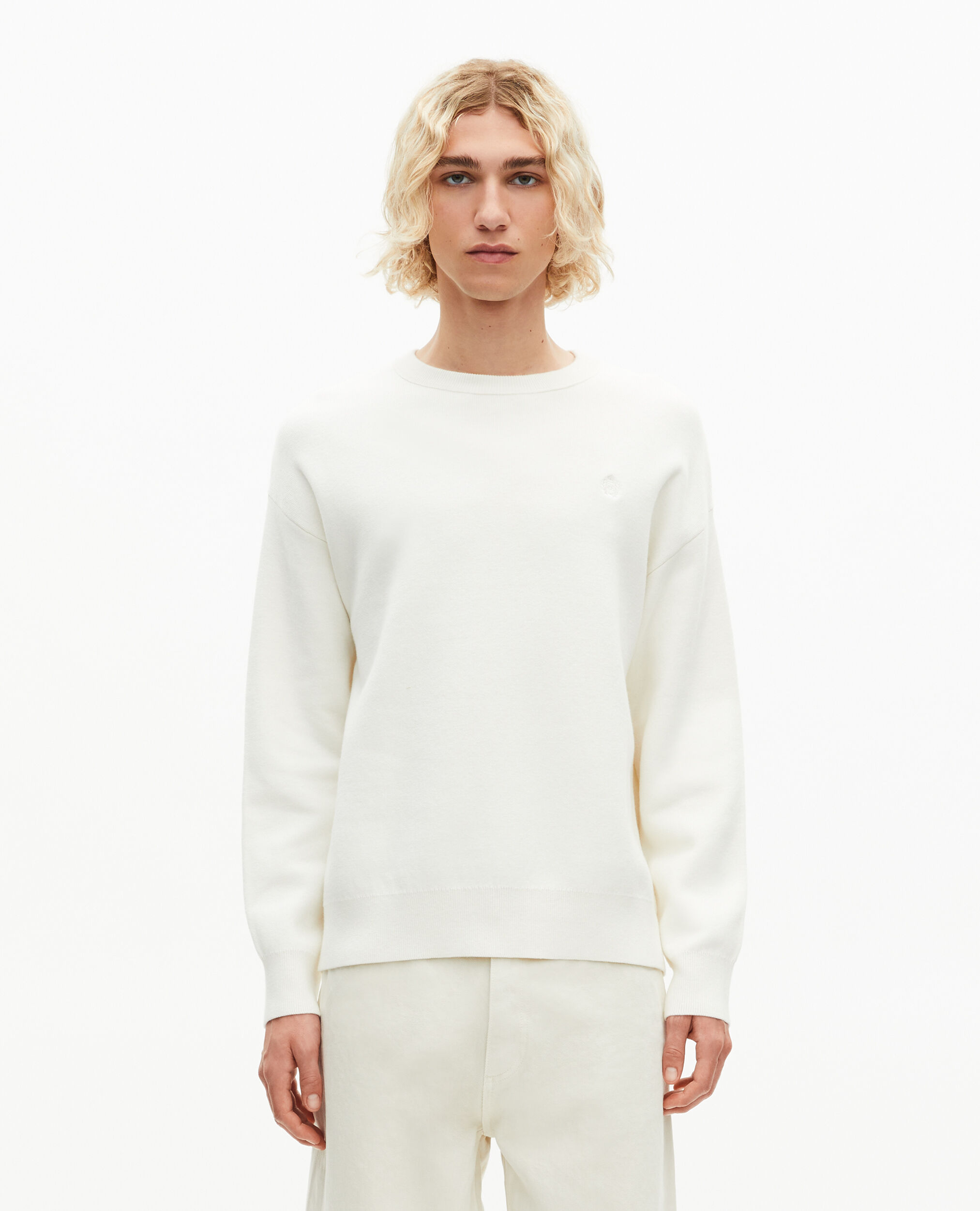 Pull col rond en laine double face écru
