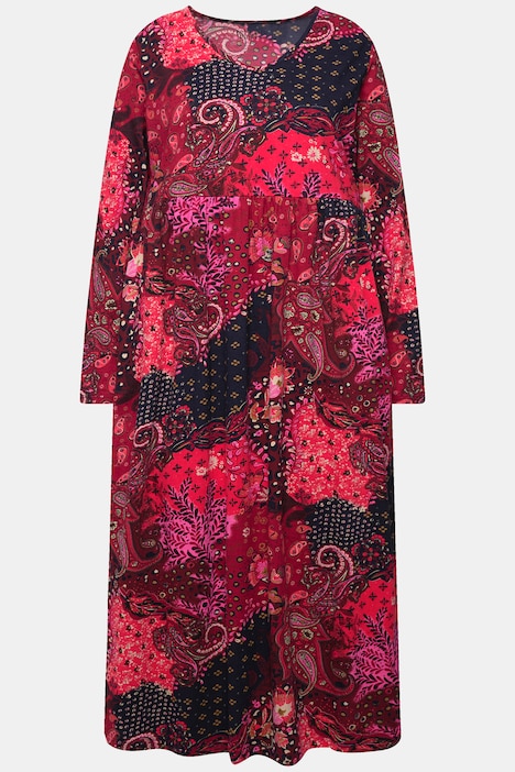 Jerseykleid, Paisley, V-Ausschnitt, Langarm, Taschen