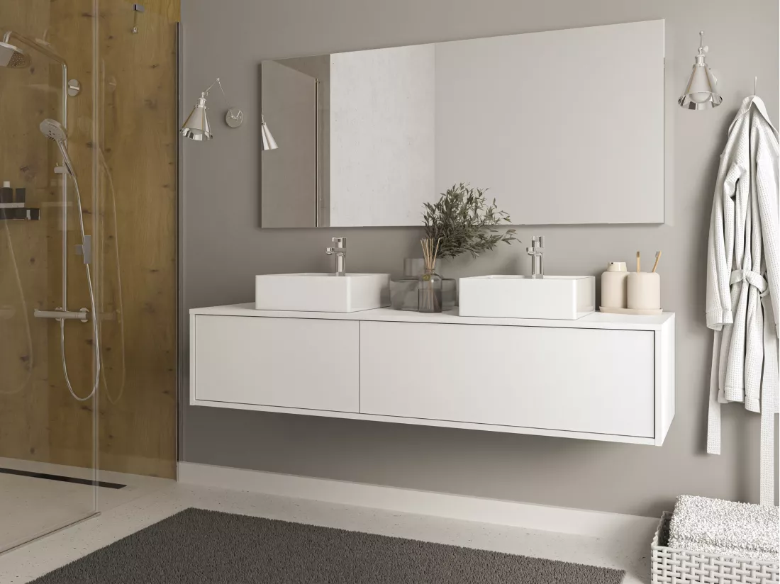 Meuble de salle de bain suspendu blanc avec double vasque - L150 cm - ISAURE II