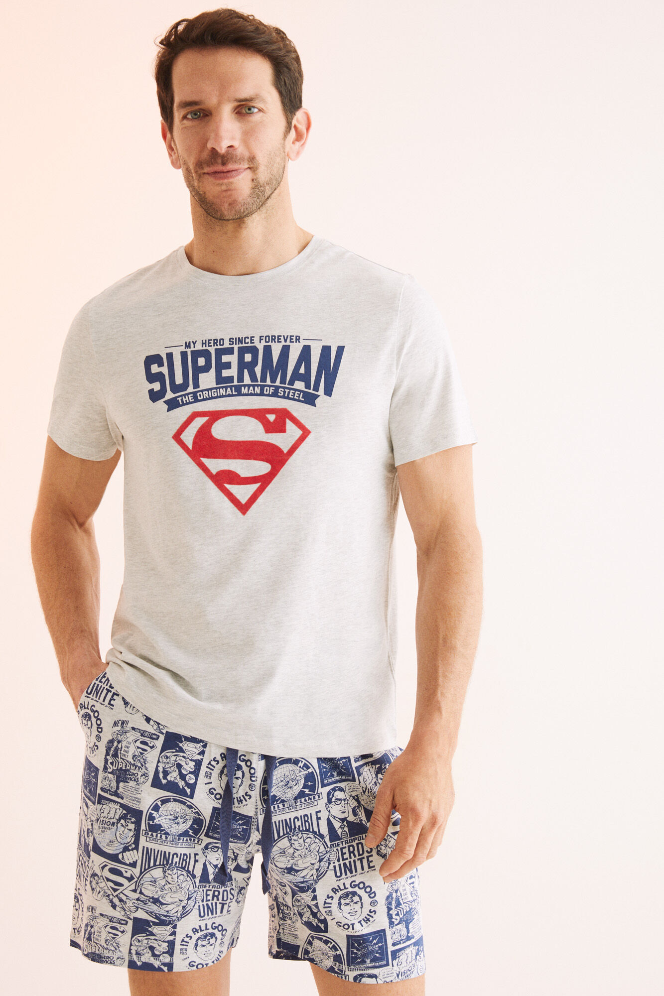 Pijama curto masculino do Superman, 100% algodão, cinza - cinza