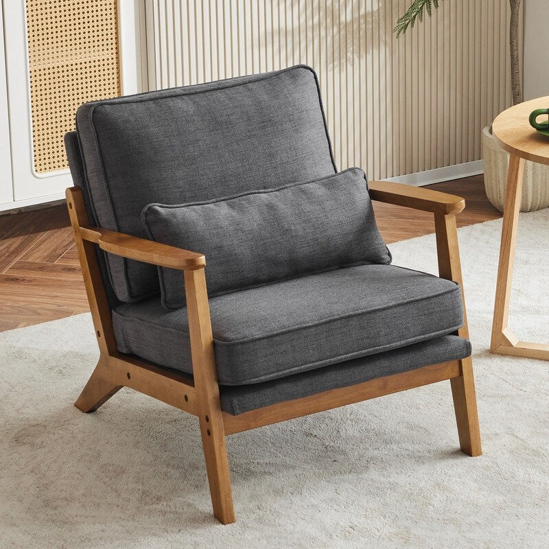 Upholstered Linen Blend Accent Chair with Wooden Legs and One Pillow Beige