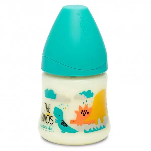 Mamadeira de silicone Suavinex com 3 velocidades, verde dinossauro, 150ml