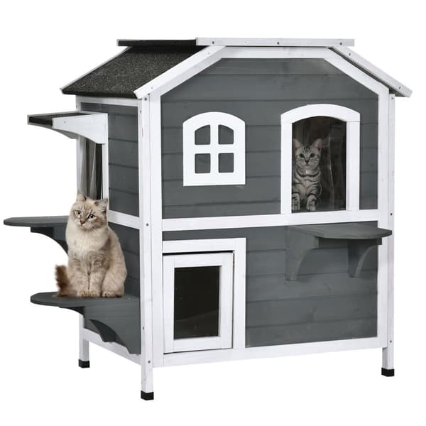 Kattehus Med Asfalttak Værbestandig Utendørs Kattehus Med Trapper, 2 Plan, Grantre, Grå, 78X55,5X91Cm