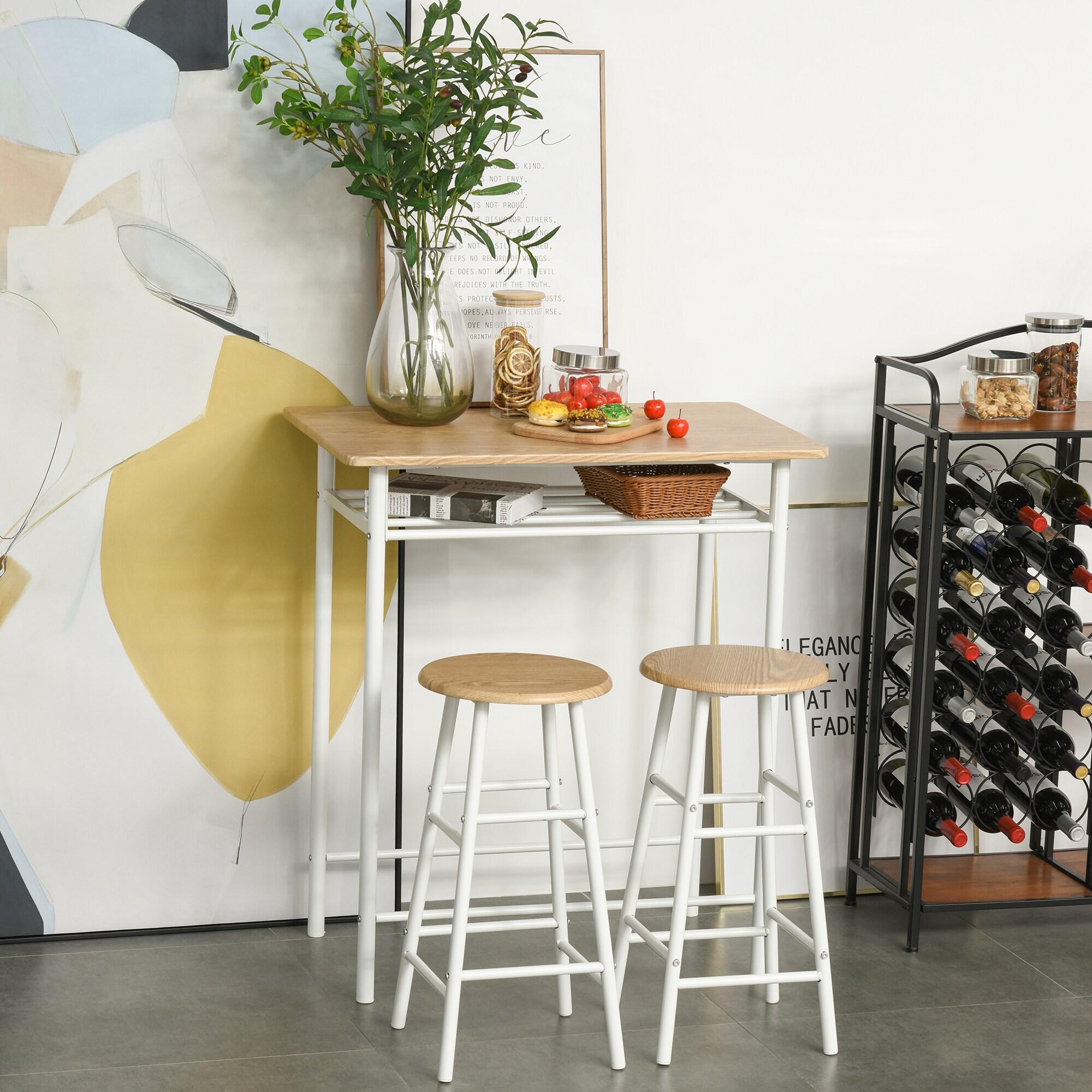HOMCOM Bartisch-Set 3-teiliges Bar-Set bestehend aus einem Tisch und 2 passenden Hockern Weiß, Eiche 80 x 50 x 90 cm (BxTxH)