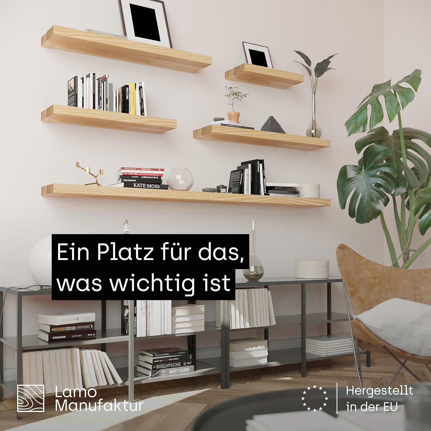 LAMO Manufaktur Schweberegal Holz mit unsichtbarer Befestigung | Wandregal 140 cm breit für Wohnzimmer, Home Office | Farbe: Roh, Kante: gerade | Massivholz, modernes Design, Schwebende Optik
