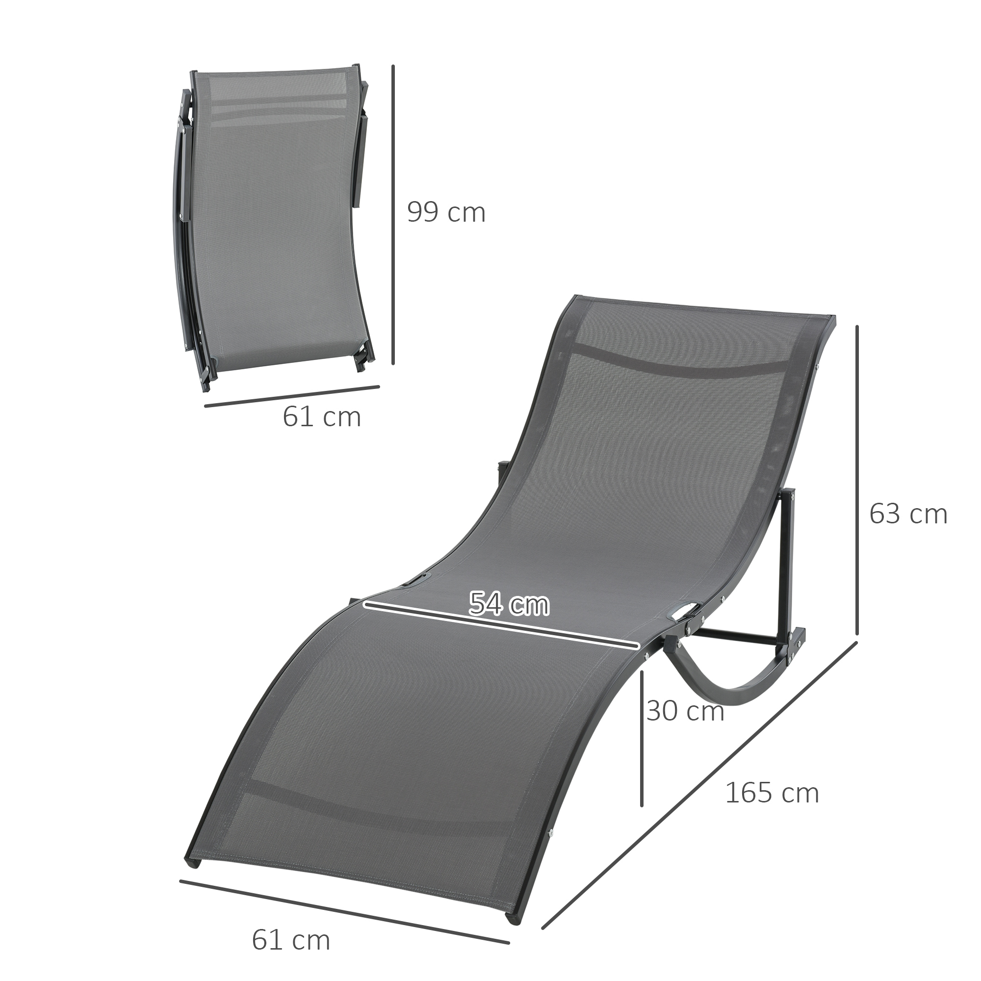 Conjunto de 2 espreguiçadeiras dobráveis Outsunny, com estrutura em alumínio em formato de S, capacidade de carga de 120 kg, ideais para piscina, pátio e terraço, dimensões 165 x 61 x 63 cm, cinza escuro.