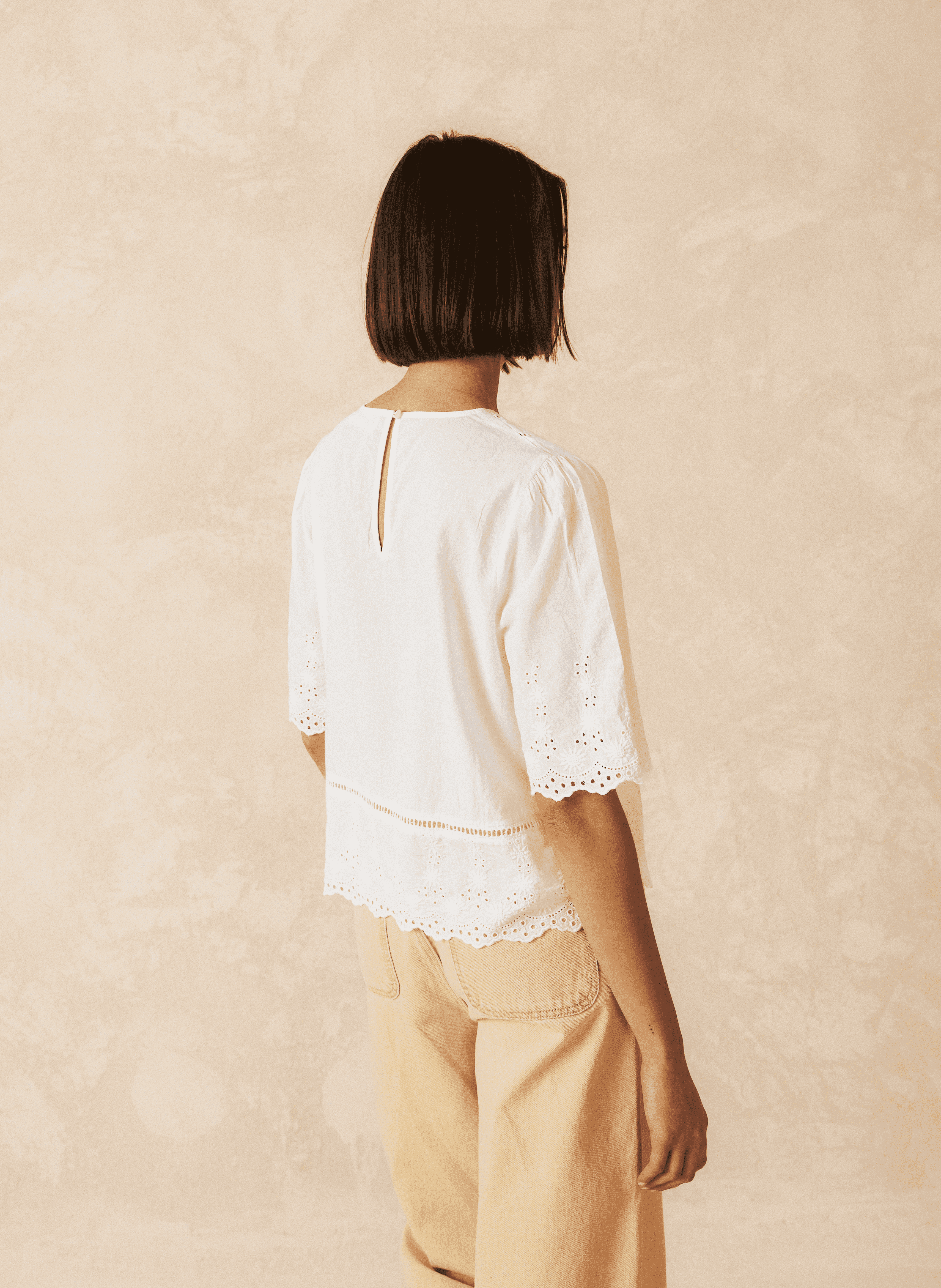Top ample col V brodé en coton | Blanc