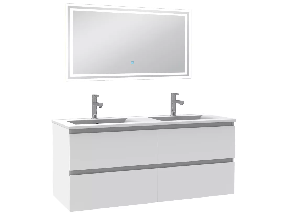 Meubles double vasque l.120 x H.52 x P.46cm, meuble acve miroir Blanc, Aica