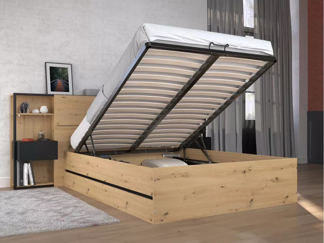 Lit coffre 140 x 190 cm avec chevets - Coloris : Naturel et noir - LUDARO
