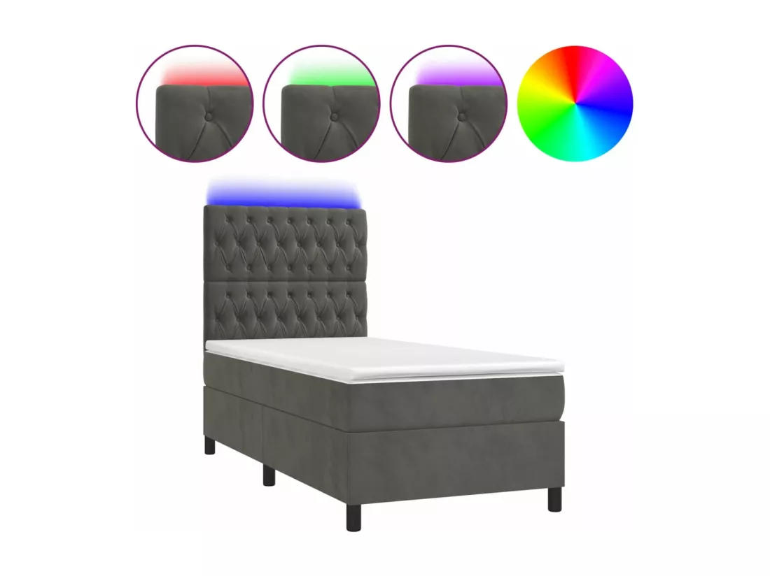 Sommier tapissier et matelas et LED Gris foncé 90x190cm Velours